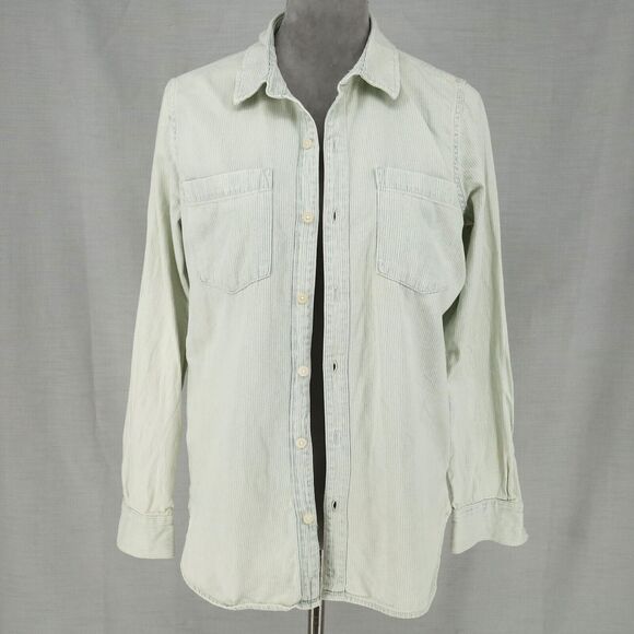 Lucky Brand Top Womens Small Ivory Blue Stripe Cotton Shirt Shacket Weathered - Picture 15 of 15